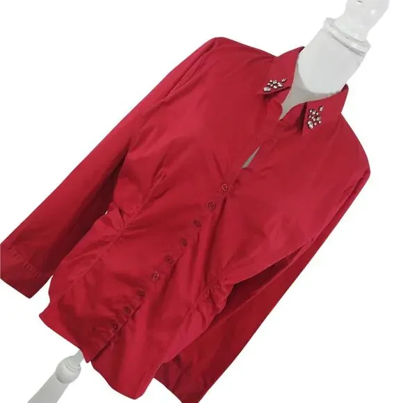 NEW YORK & CO.! ROUGE RED COTTON BLEND JEWELED COLLAR BUTTON FRONT BLOUSE! SZ XL - Picture 10 of 10
